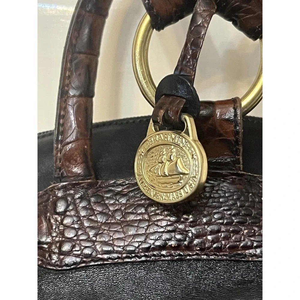 Vintage Brahmin Leather Black Brown Tuscan Backpack Purse Croc Print Straps